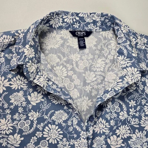CHAPS Women's Floral Shirt Dress Button Front Ruffle Roll Tab Sleeve Blue Medium - Picture 4 of 14